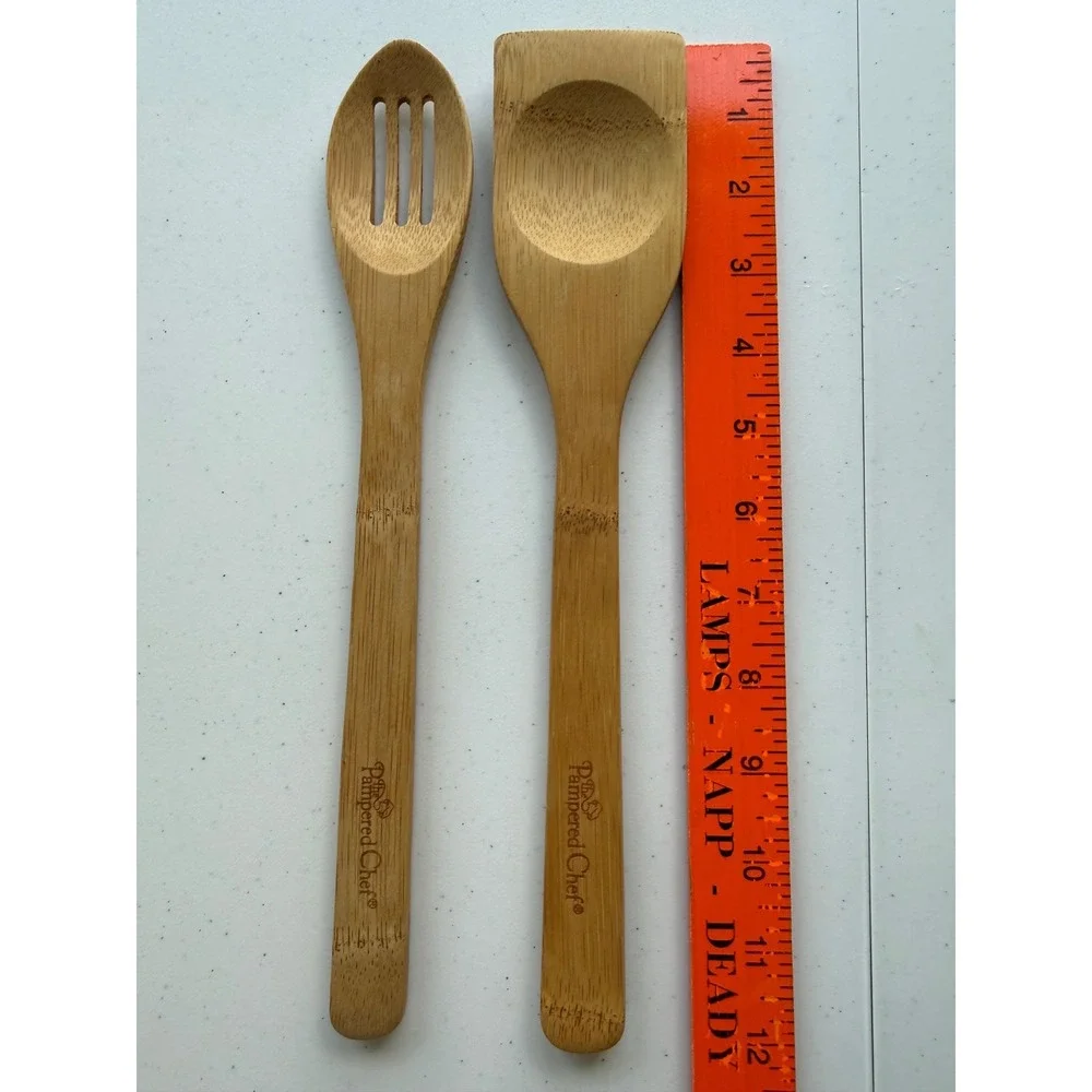 Vintage Pampered Chef Bamboo Wooden Spoons Set of 2 Slotted Kitchen Utensils 12